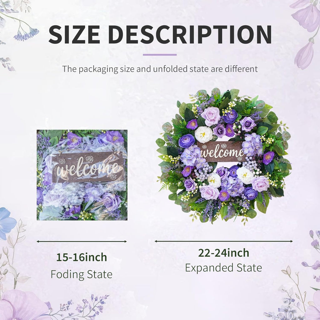 Regine Switzerland 24-Inch Spring Wreath - Luxury Purple Floral Design with Welcome Sign for Front Door Decor