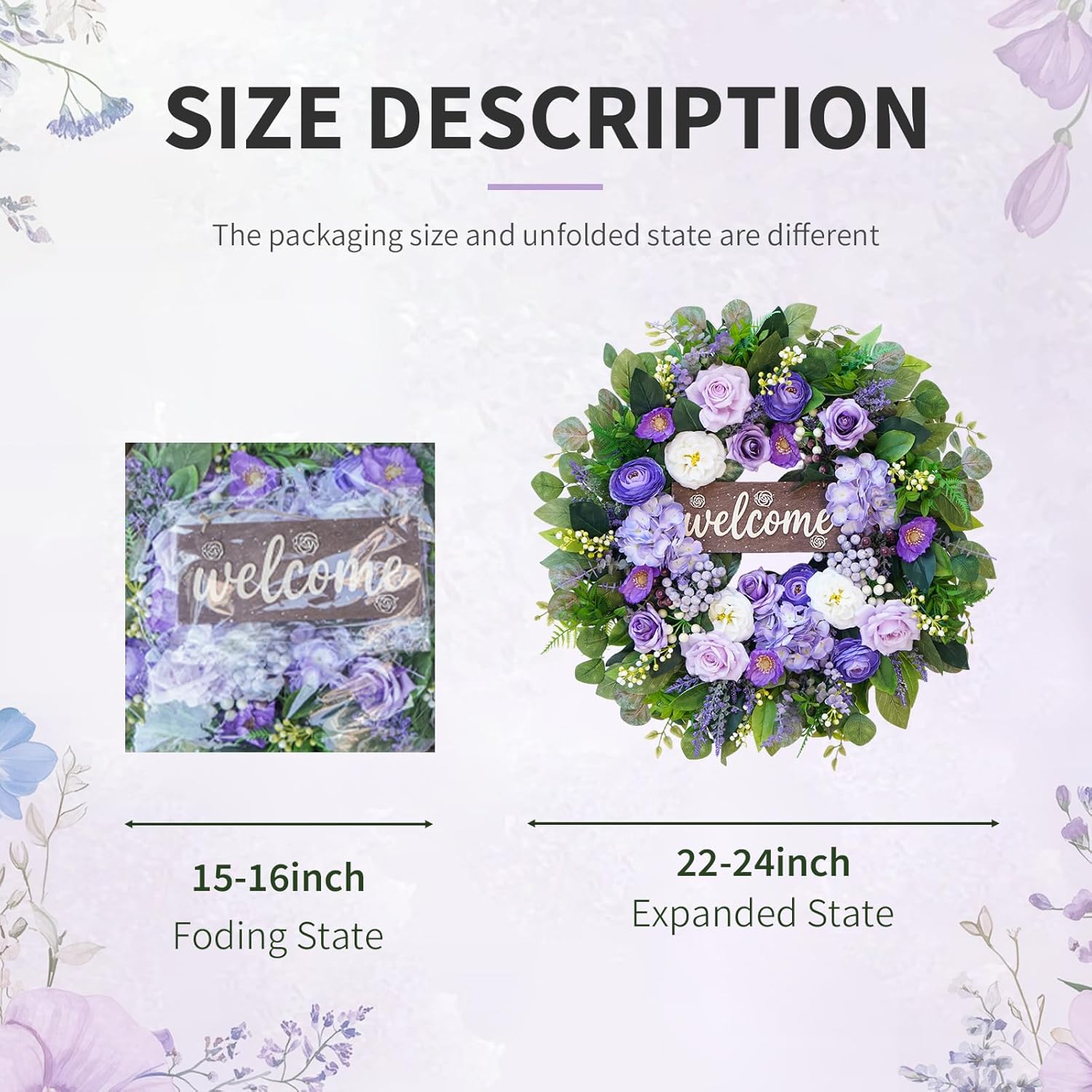 Regine Switzerland 24-Inch Spring Wreath - Luxury Purple Floral Design with Welcome Sign for Front Door Decor
