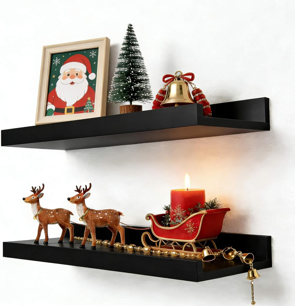 Skiennix Black Floating Shelves - Stylish Wall-Mounted Wood Storage for Home Decor | Set of 2, 14 Inches