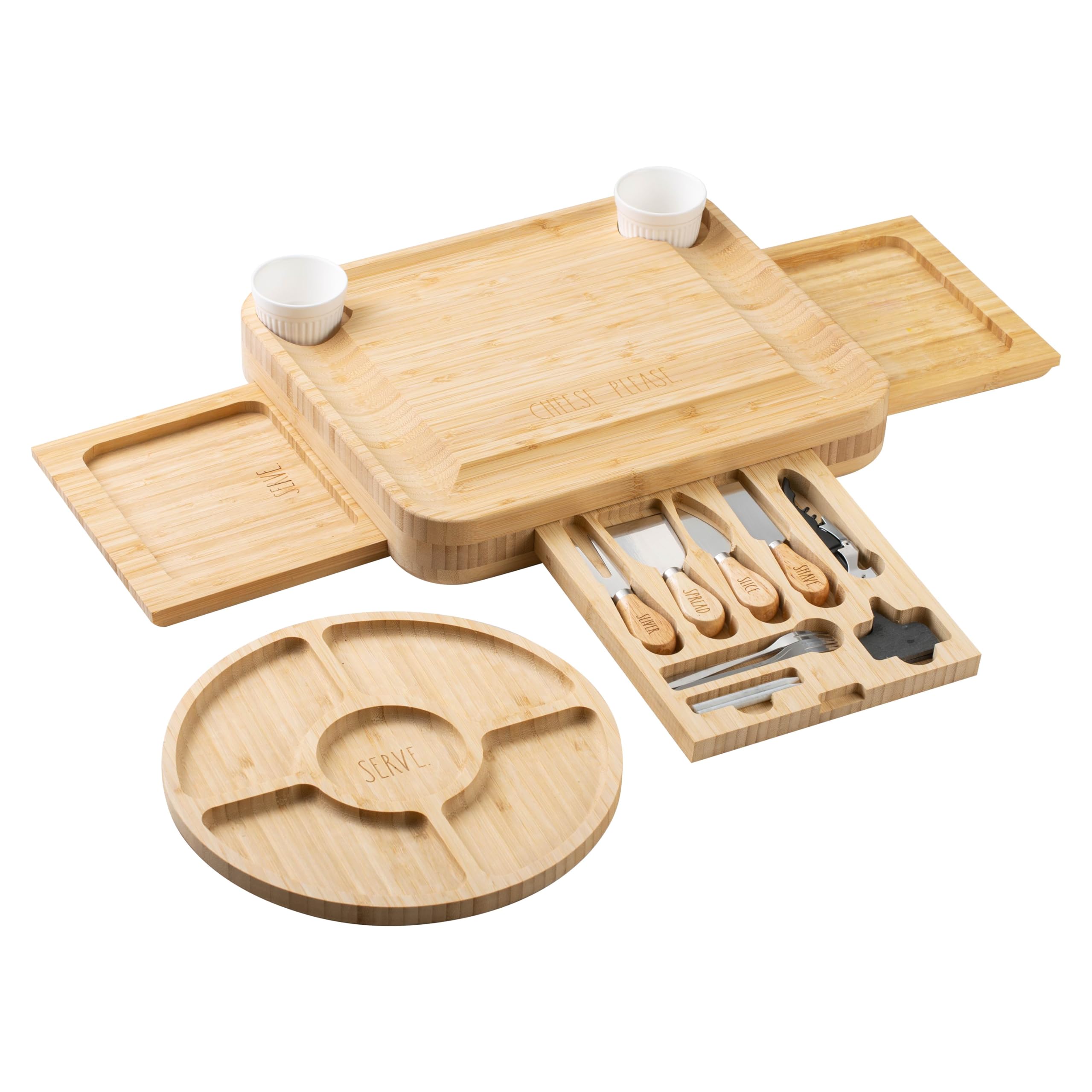 Rae Dunn Large Bamboo Charcuterie Board Set with Serving Forks and Platters