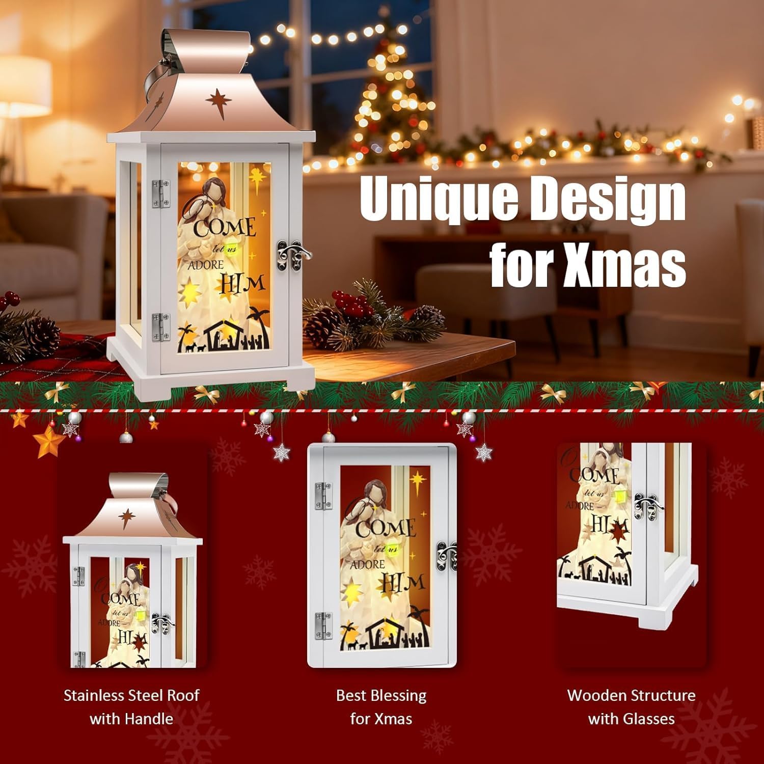 Regine Switzerland Christmas Nativity Set - 15.1" Tall Lantern for Table Centerpieces | Indoor Xmas Decor