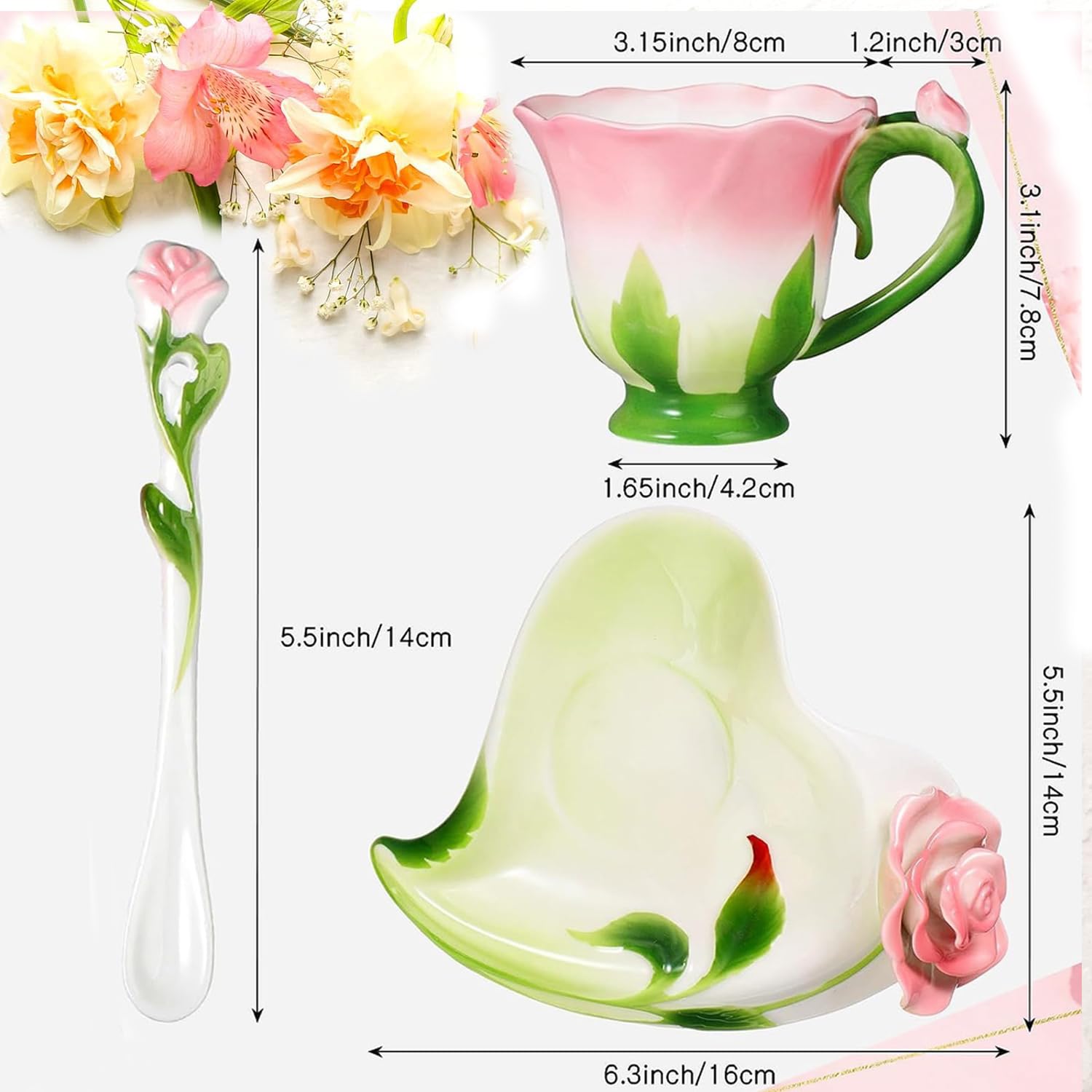 ONEUSTAR Pink Tea Cup and Saucer Set for 1 Ceramic Hand Crafted Rose Flower Coffee Cup for Mother's Day Thanksgiving Wedding Birthday Gift for Women, 6 Oz