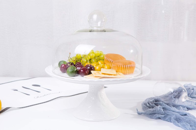 Jusalpha® 12 Inches White Porcelain Decorative Cake Stand-Cupcake Stand (CS01 - Glass Dome)
