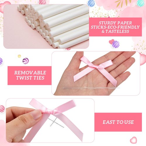 Honoson 50 Sets Cake Pop Sticks and Wrappers Kit with Clear Cake Pop Bags, 6 Inch Paper Lollipop Sticks and Bows for Cakepops, Candy and Chocolate, Valentine’s Day, Wedding and Party Favors (Pink)