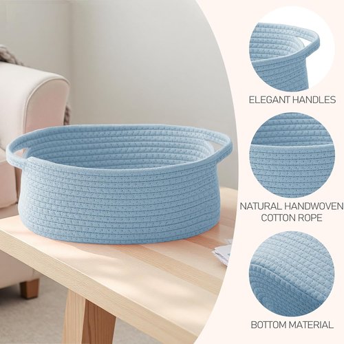 JMvicyroam Woven Storage Baskets - Small Rope Bins with Handles for Organizing Shelves | Blue, 2-Pack