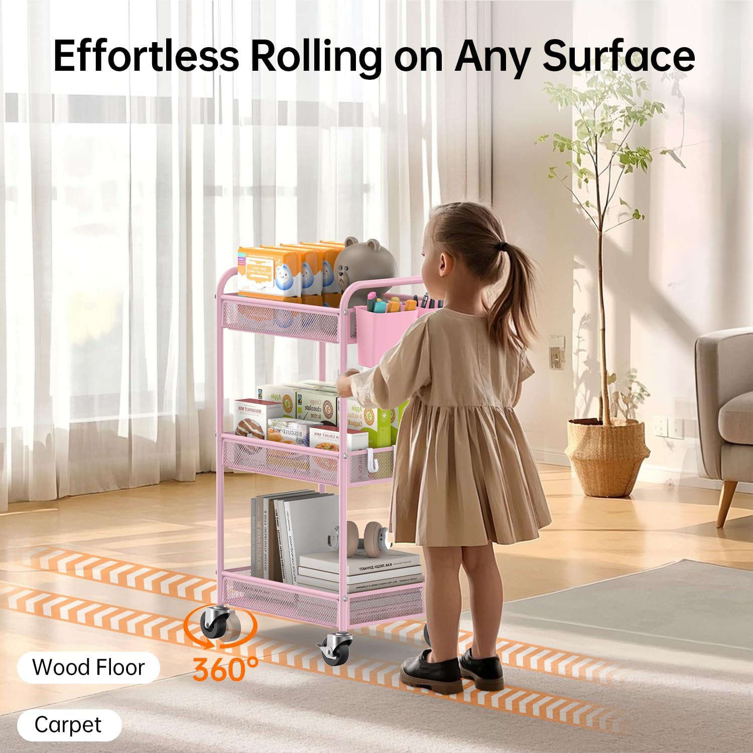 YASONIC 3-Tier Rolling Cart - Metal Utility Storage with Wheels & Hooks | Pink Craft Organizer