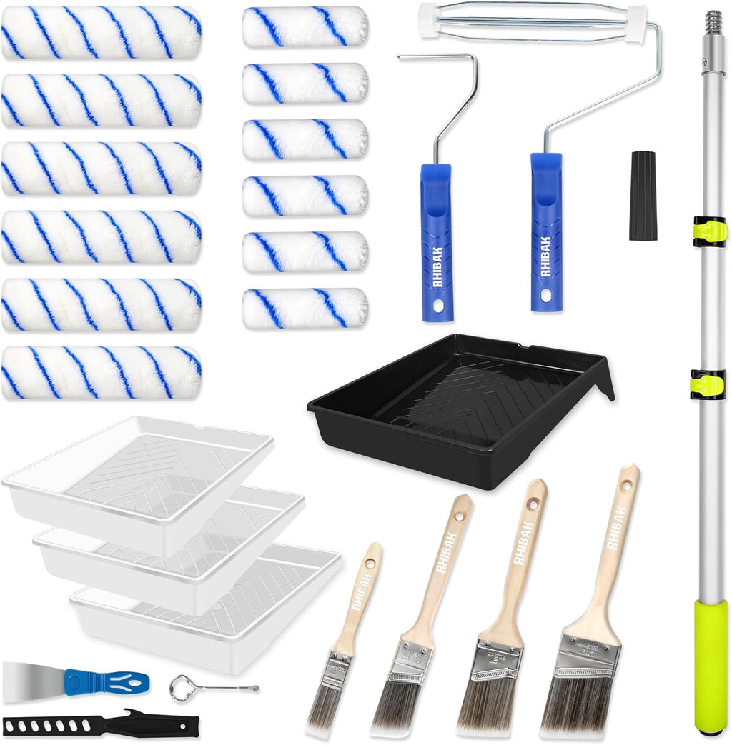 Skiennix Paint Roller Kit - 27 Piece Set with Extension Pole 2 to 4 Ft | Includes 4" & 9" Rollers & Brushes for Professional Results