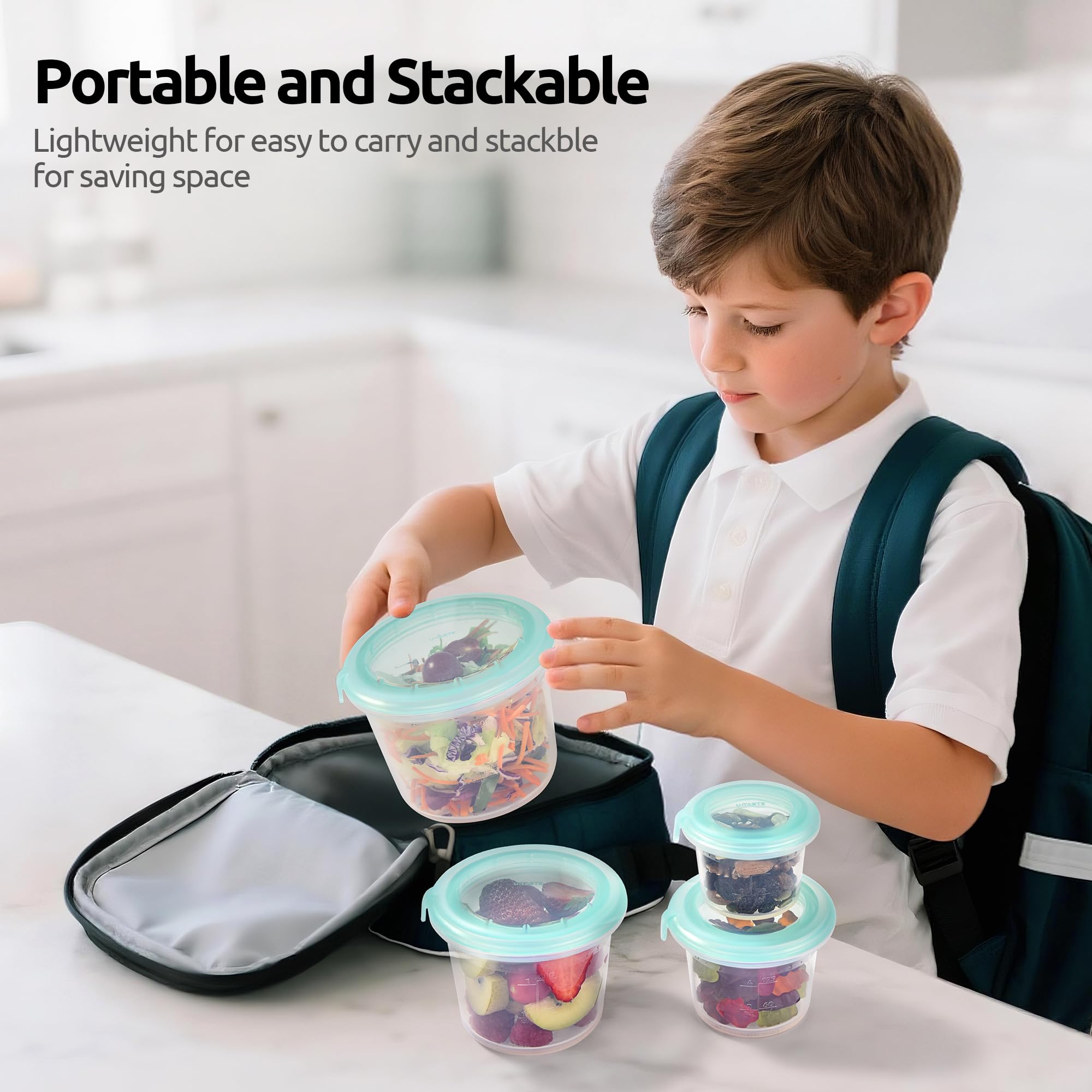 U-Taste 4oz×2 Silicone Food Container Set: Small Kitchen Storage with Airtight Lid, Freezer & Microwave Safe, Snack Box with Date Marking Circle, Clear Stackable for Yogurt, Hummus, Garnish-Aqua Sky