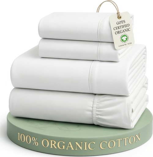 Lane Linen Queen Sheet Set - Eco-Friendly 100% Organic Cotton, Soft & Comfy with 15" Deep Pockets - White