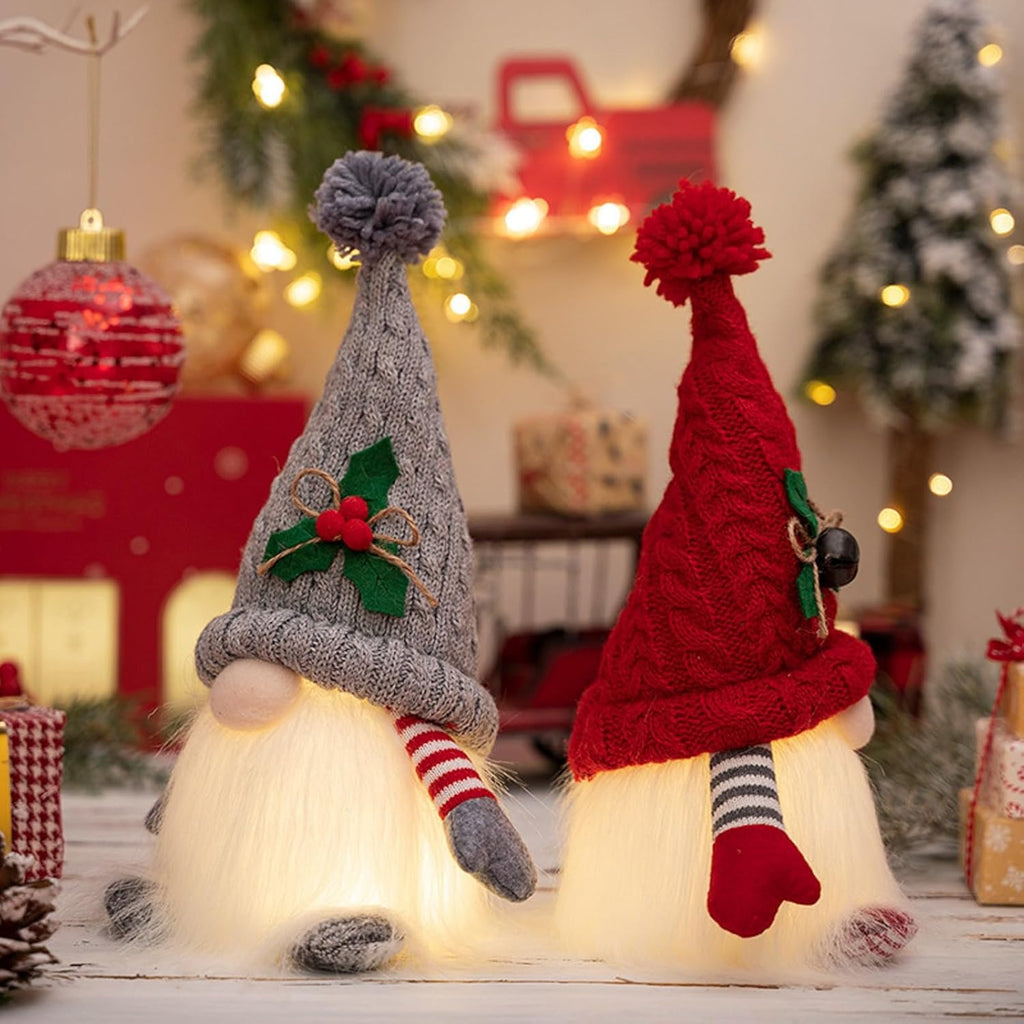 Skiennix Lighted Christmas Gnome Ornaments - LED Battery Operated Holiday Decor | 2 Pack (Red & Grey)