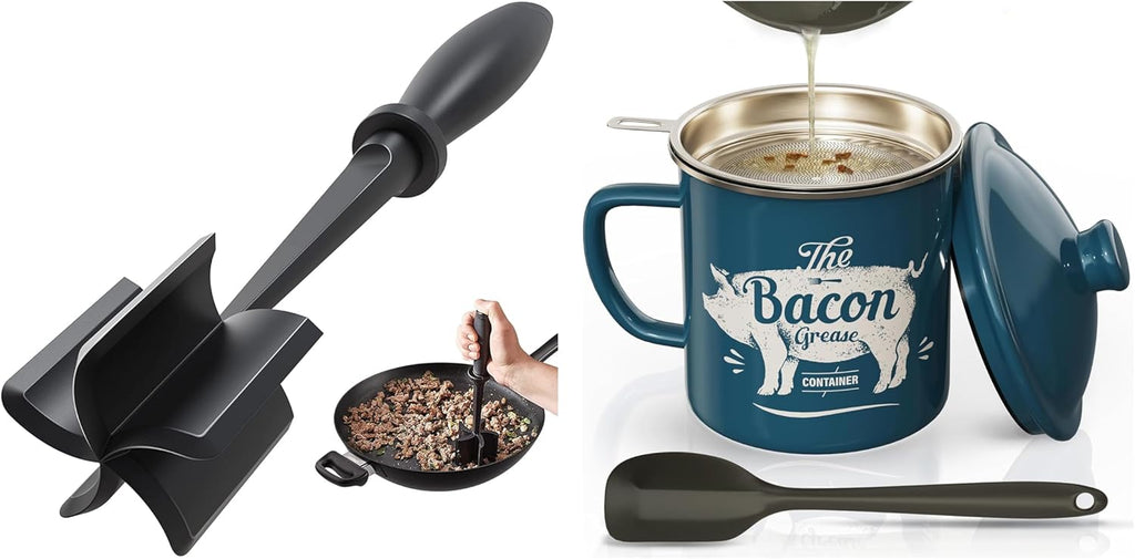 Skiennix Black Meat Chopper - 46oz Blue Bacon Grease Container for Easy Cooking Cleanup