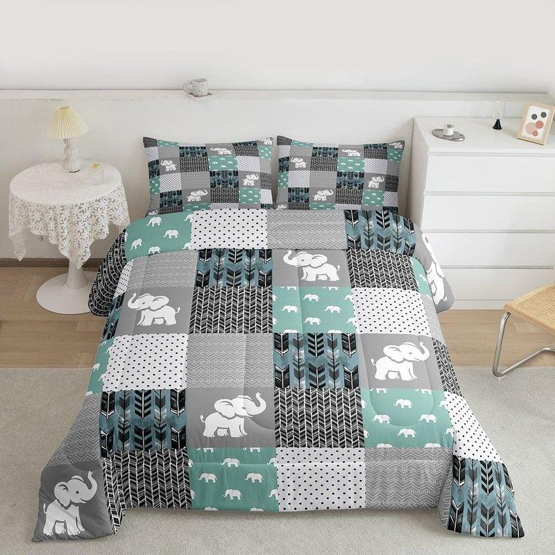 Feelyou Cute Elephant Comforter Boho Buffalo Check Plaid Bedding Set for Boys Girls Women Men Famhouse Geometric Comforter Set Teal Gray Bohemian Arrow Room Decor Twin Size Quilt 2Pcs Boys
