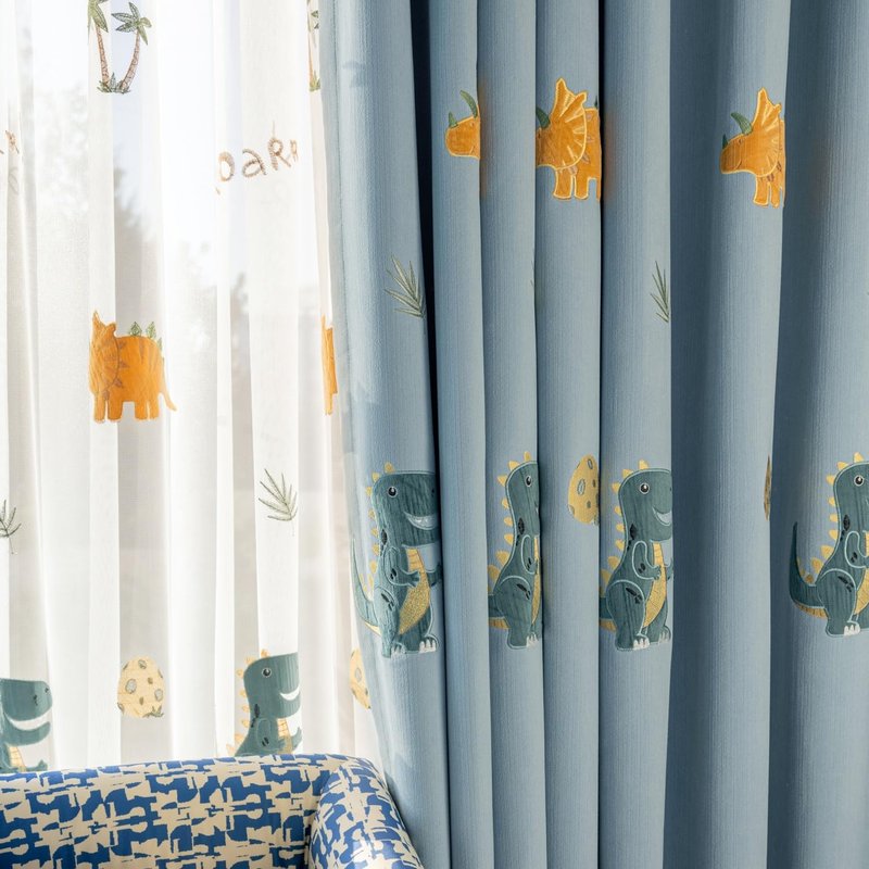 KMSG Cartoon Dinosaur Sheer Kids Curtains Embroidery Voile Drapes Nursery Curtains for Children Boys Baby Bedroom Living Room Light Filtering Window Tratement Grommet Top 1 Panel W52 x L96 Inch
