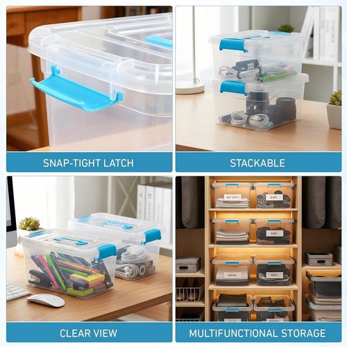 Jetec Clear Plastic Storage Container Bins - 8 Pack with Lids & Blue Handles, 6.5 Qt, Stackable Organizer for Home & Office