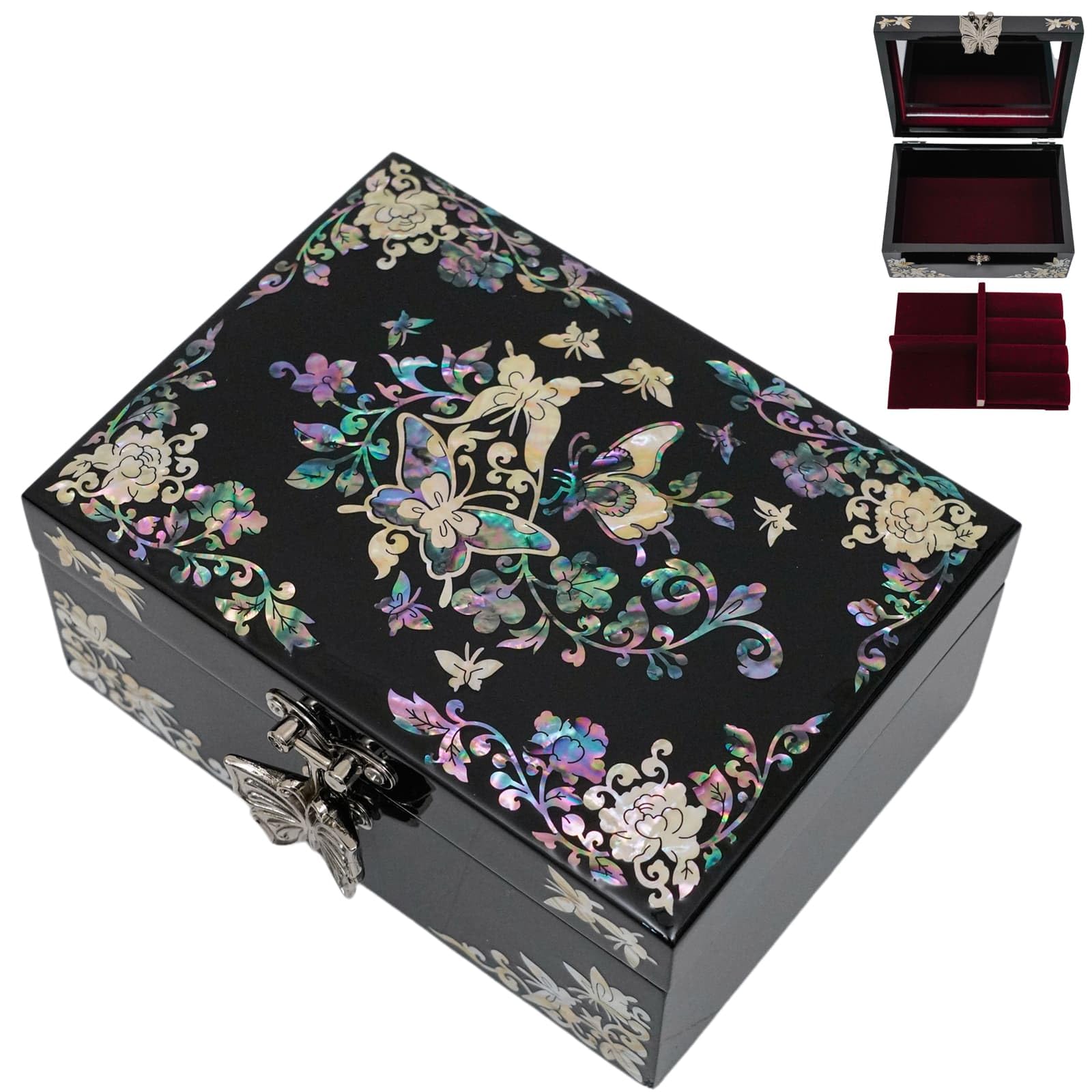 February Mountain Mother of Pearl Butterfly Jewelry Organizer Box with Ring Tray - Gifts for Women Unique gift for women who have everything