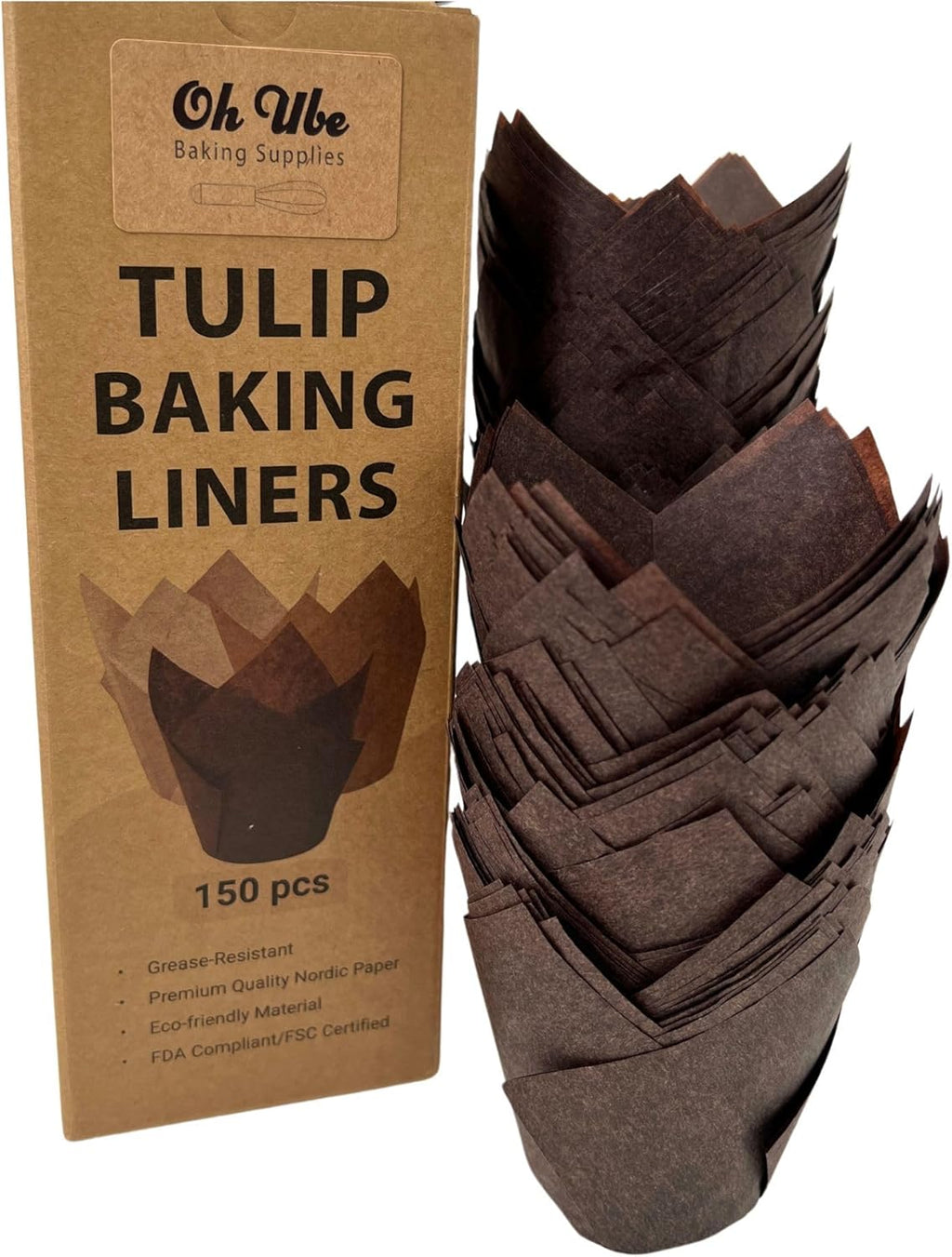 Nordic 150-Pack Brown Tulip Muffin Liners - Odorless, Non-Toxic, Grease-Resistant Cupcake Wrappers for All Occasions | Perfect for Weddings, Birthdays, Showers