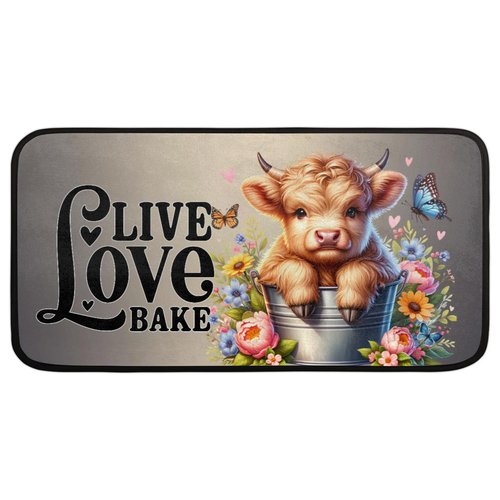 Highland Cow Flower Kitchen Rug Washable Entryway Rugs Non Slip Anti Fatigue Mats Kids Room Floor Mat Laundry Room Runner Rug for Kitchen Sink Bathroom Hallway Entryway Carpet 39X20 in