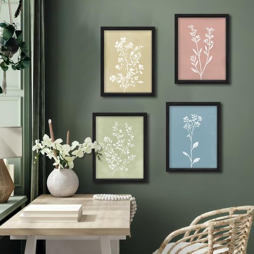 JIMUJIA Minimalist Plant Wall Art Set - Modern White Designs on Light Green, Blue & Pink | 4-Piece Framed Decor (12x16 Inch)