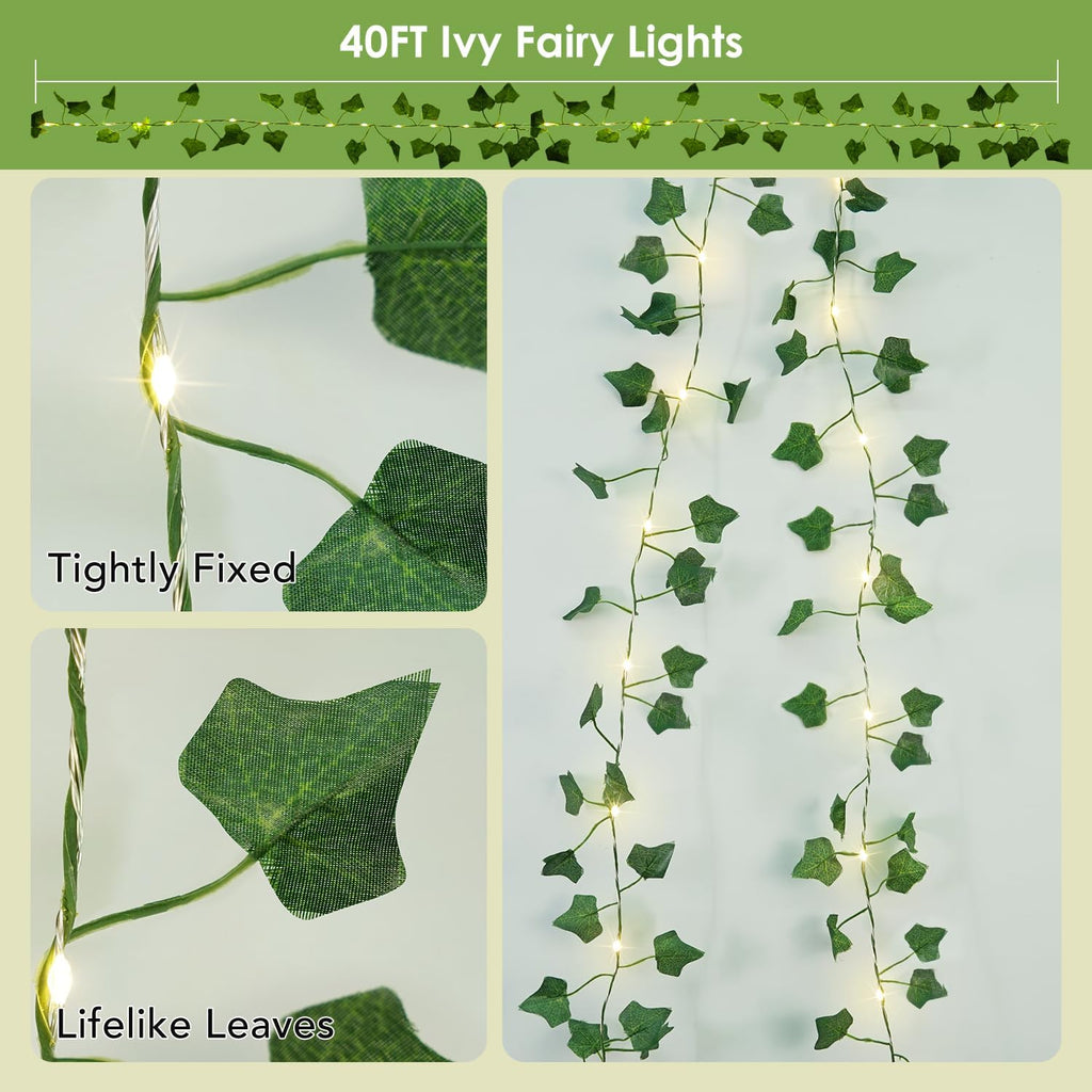 Skiennix 40ft LED Vine Fairy Lights - Battery Operated, 8 Modes & Timer, Green Leaf Decor for Indoor & Outdoor Events (Warm White)