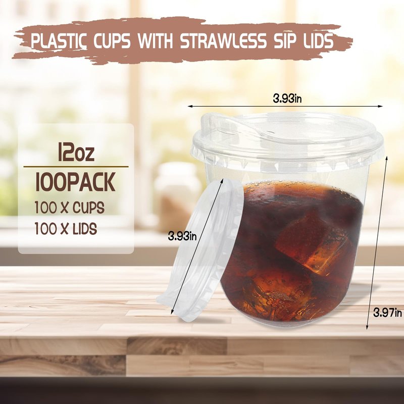 Foxtell 100 Pcs 12 Oz Clear Plastic Cups with Strawless Sip Lids Disposable Round Bottom Togo Cups for Iced Coffee Smoothie Beverage Cold Drinks Disposable Iced Coffee Cups for Party Catering BBQ