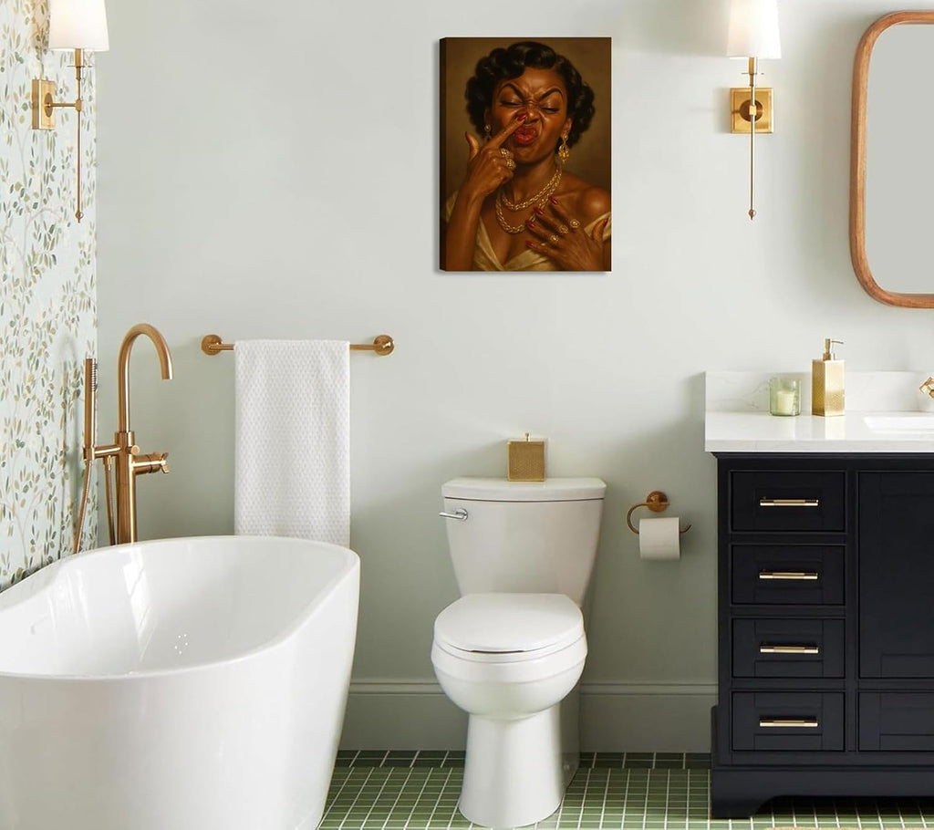Skiennix Framed Black Woman Canvas Wall Art - Humorous African American Bathroom Decor | 12x16in