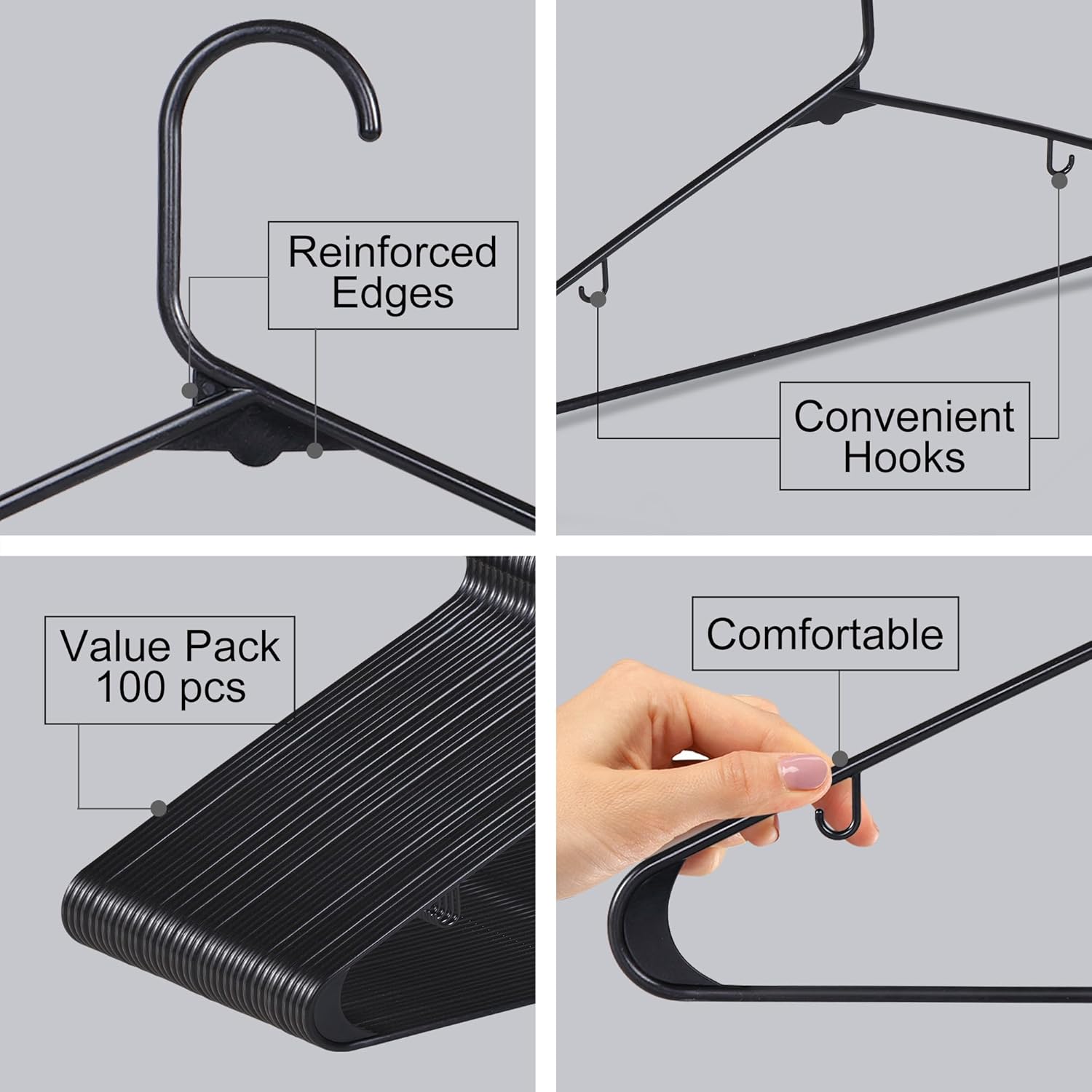 SUPER DEAL Plastic Hangers - 100 Pack Heavy-Duty Clothes Hangers with Double Hooks | Space-Saving Black