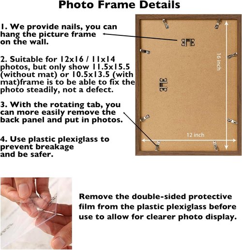 JCJMY 12x16 Picture Frame - Brown Wall Hanging Frame with 11x14 Mat | Display Photos Stylishly