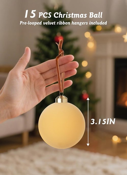 Brightown Velvet Christmas Balls - 15 Pcs Beige Ornaments, 3.15 Inch for Holiday Decor | Tree Flocked Decorations