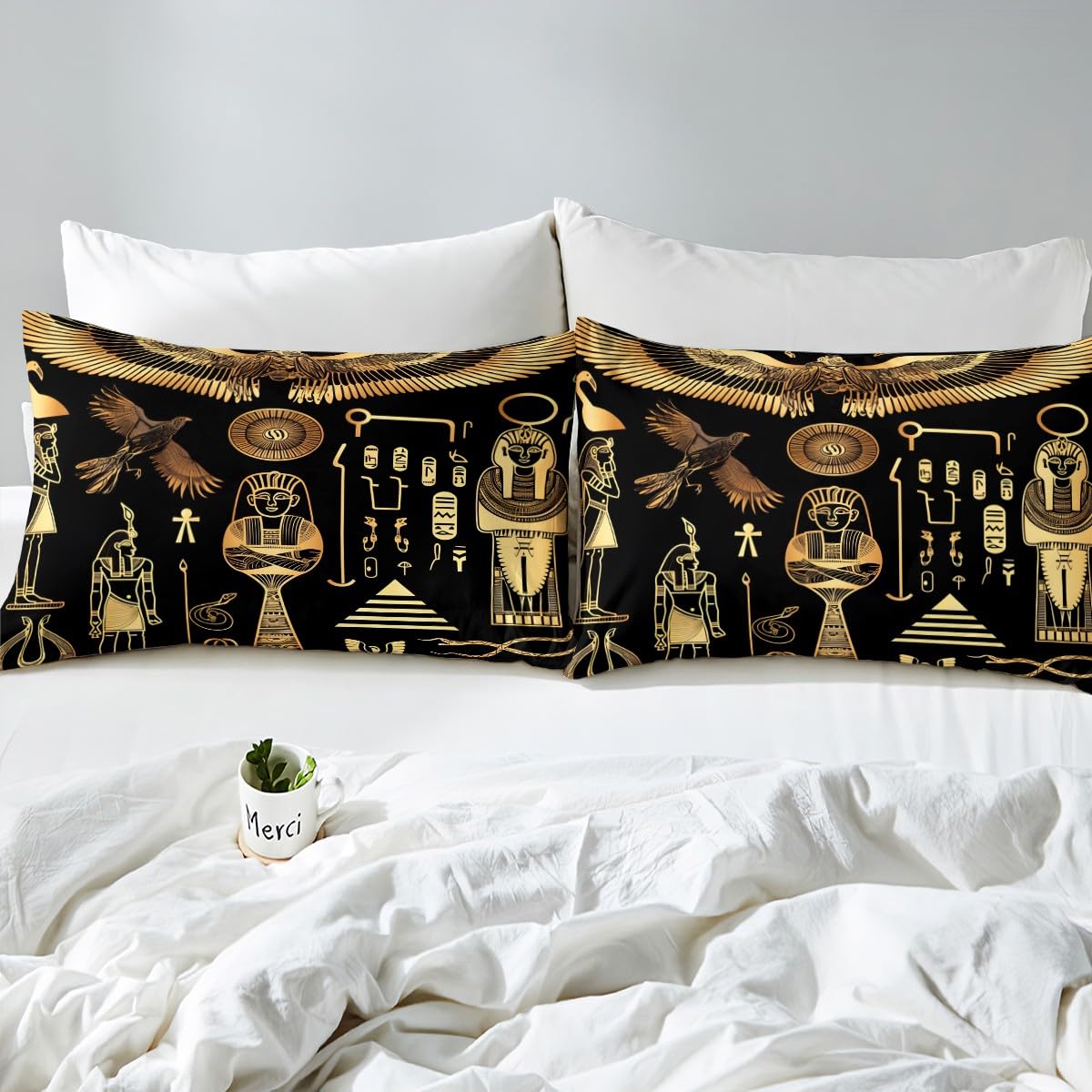 Feelyou Ancient Egypt Bed Sheet Set for Kids Boys Adults Egyptian Tribe Fitted Sheet Pyramid Printed Bedding Set Egypt Culture Bed Cover Bedroom Decor 3Pcs Sheets Queen Size Black Golden