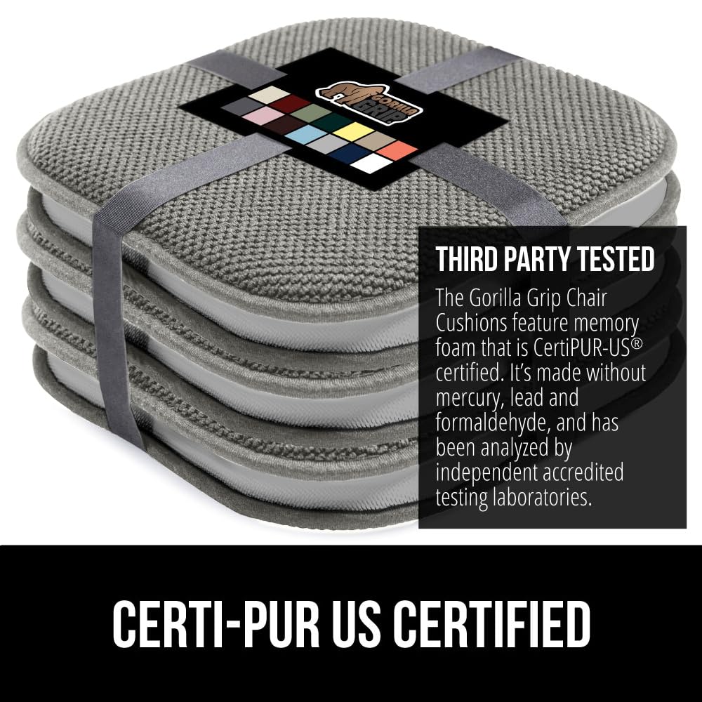 GORILLA GRIP Chair Cushions, Set of 8, 16x16, Memory Foam Pads for Dining Room, Kitchen Table, Office Desk, Rocking Chairs, Stay in Place Backing, Comfortable Microfiber Seat Cover Pad Cushion, Grey