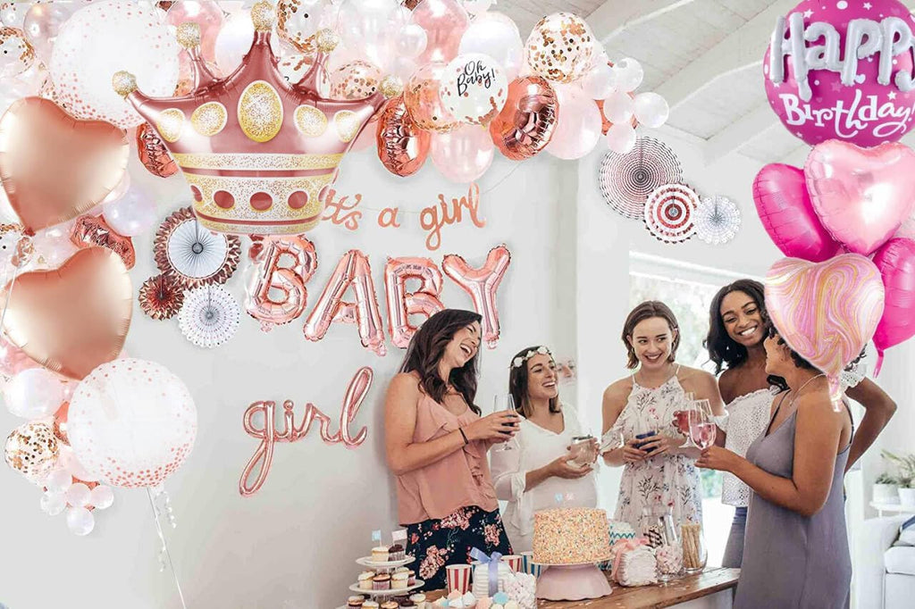 Rose Gold Crown Mylar Balloons - Large Round Pink Birthday Decorations for Women