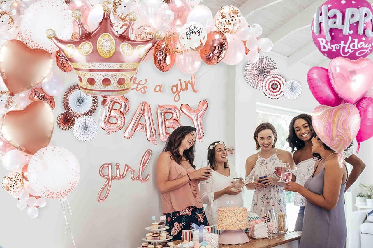 Rose Gold Crown Mylar Balloons - Large Round Pink Birthday Decorations for Women