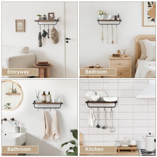 Mkono Mug Holder Wall Mounted Coffee Mug Rack Set of 2 Rustic Floating Shelf for Coffee Bar Accessories Wood Tea Cup Hooks Hanger for Organizing Cooking Utensils, Home Kitchen Decor, Brown