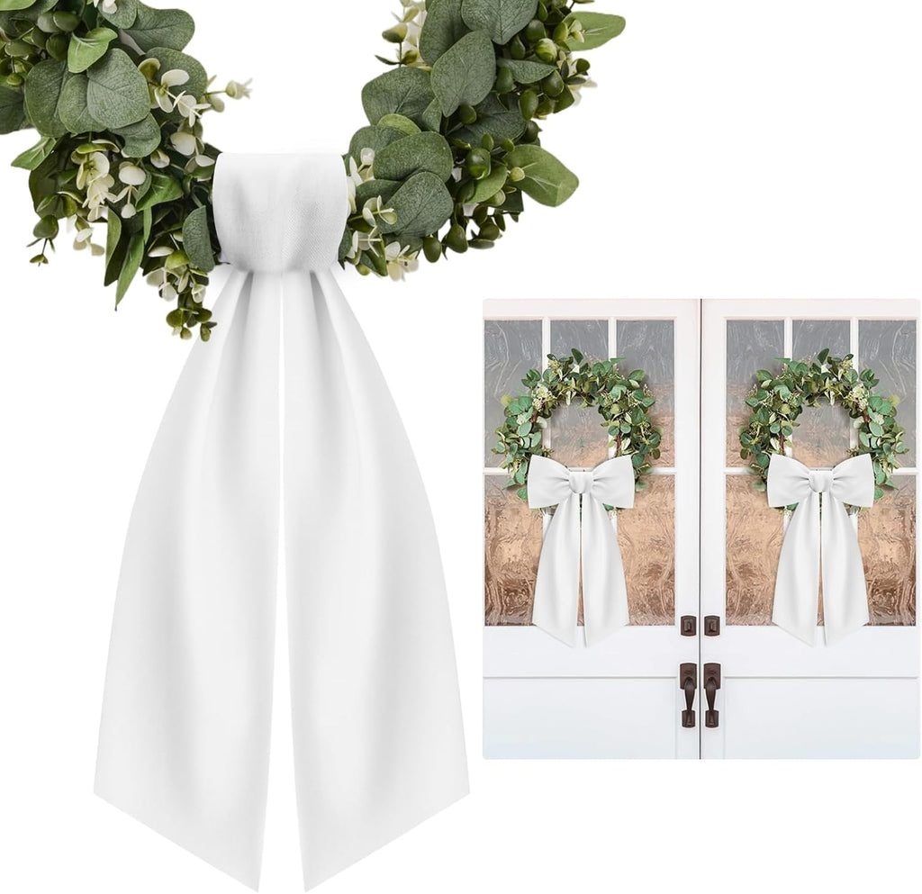White Wreath Sash | 2 Pcs Linen Ribbon Bow for Front Door & Porch Garland Decor