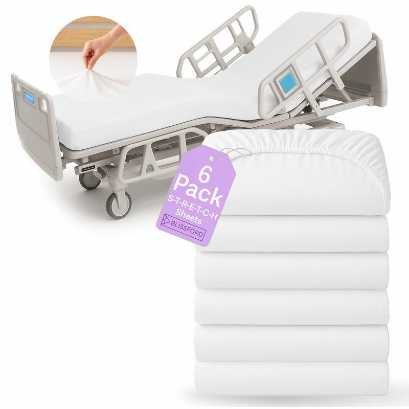 BLISSFORD - 6 Pack Fitted Hospital Bed Sheets with Elastic All Around for a Cotton Rich Soft Knitted Jersey Sheet, 36” x 84” x 12”