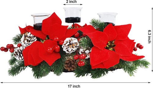 FORUP Christmas Centerpiece - Elegant Poinsettia Tabletop Decor with 3 Candle Holders for Holiday Celebrations