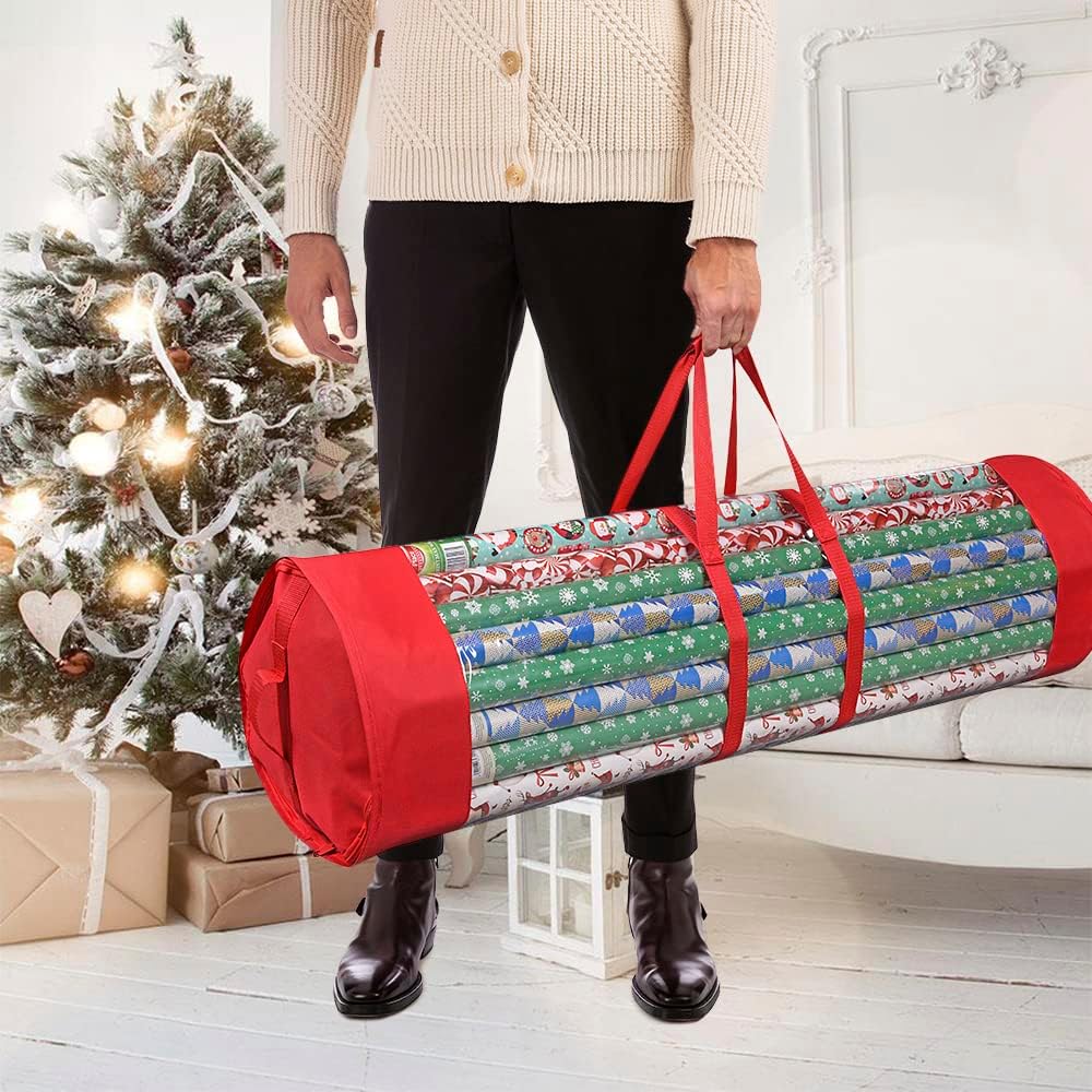 ProPik Gift Wrap Organizer - Heavy Duty Wrapping Paper Storage Bag for 24 Rolls | 40 Inch Long, Red & Clear