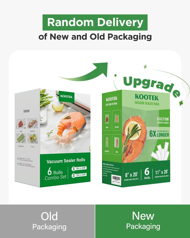 Kootek Vacuum Sealer Bags for Food, 6 Rolls for Custom Fit Food Storage, Meal Prep or Sous Vide, 8" x 20' (3 Rolls) and 11"x 20' (3 Rolls) Commercial Grade Vacuum Seal Freezer Bags Rolls