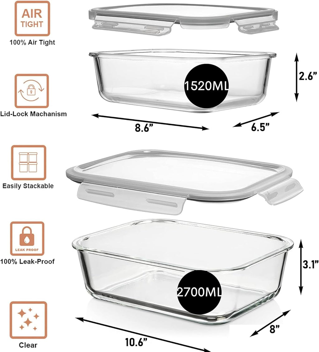 Razab Airtight Large Glass Food Storage Containers - BPA Free, Leak Proof | 4 Pc Set (2700ML & 1520ML)