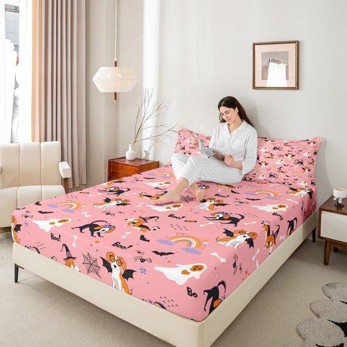 Feelyou Happy Halloween Sheet Set King Size Kids Horror Cobweb Cute Dog Sheets with Deep Pocket Fitted Sheet for Boys Teens Kawaii Cloud Rainbow Bed Sheets Set Breathable Witchcraft Pink Room Decor