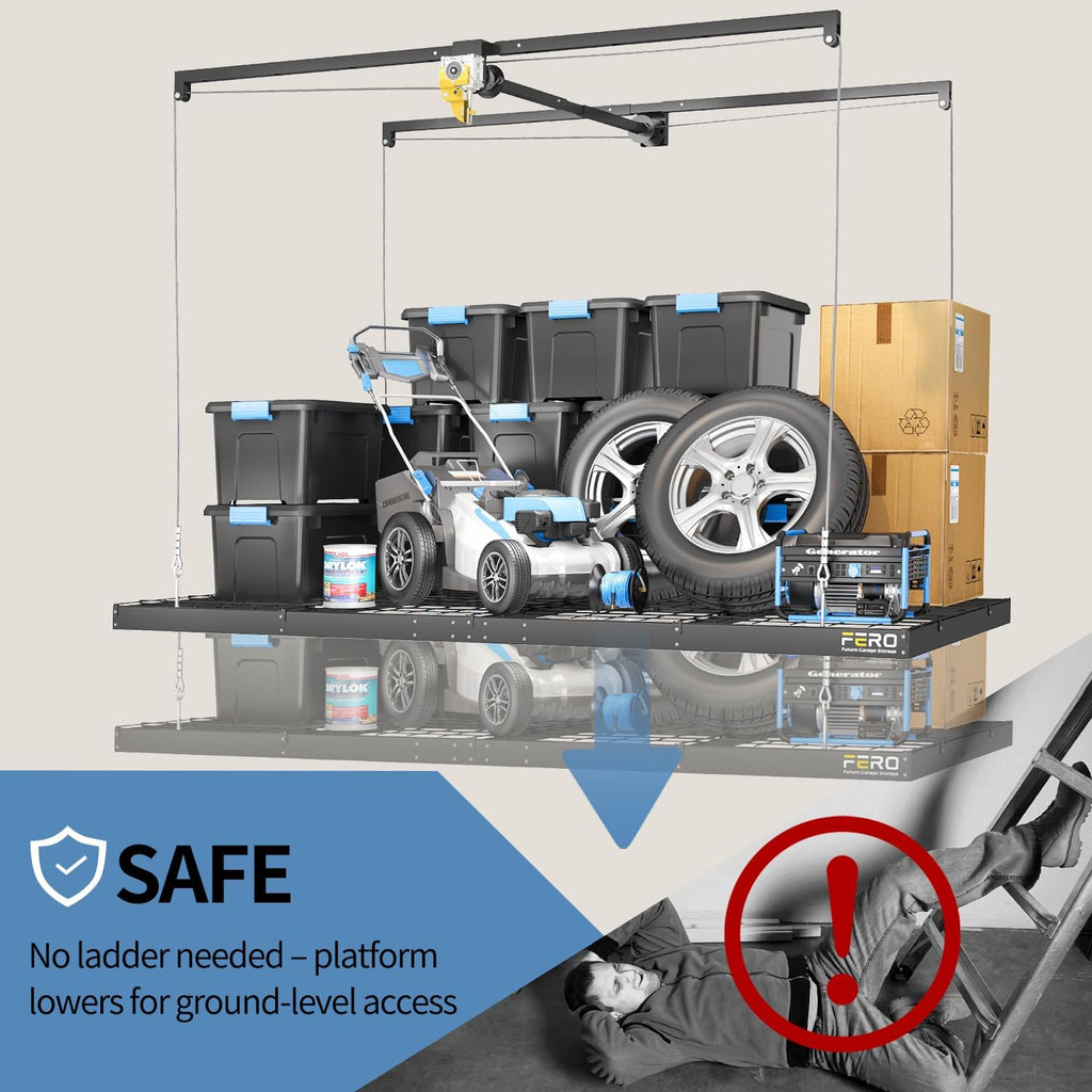 Overhead Garage Storage Rack - Heavy-Duty 4x8 FT Ceiling Mounted Lift System with Safety Lock | 325 lbs Capacity