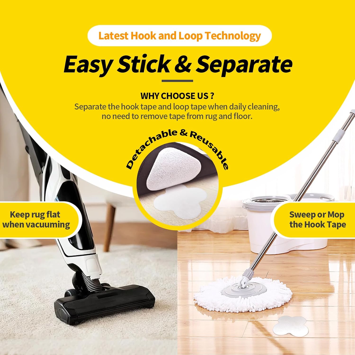 PHIXBEAR Heavy-Duty Carpet Pad Gripper - 16 Sets of Super Adhesive Hook and Loop Strips for Rug Safety