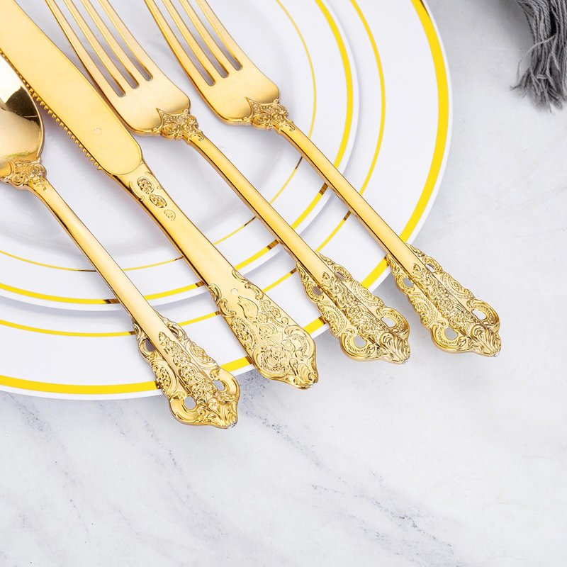 WDF 120PCS Gold Plastic Silverware - Heavy Duty Gold Plastic Cutlery Set Disposable Utensils - 40 Forks, 40 Spoons, 40 Knives, Perfect for Party Weeding Daily Use Baby Showe Spring
