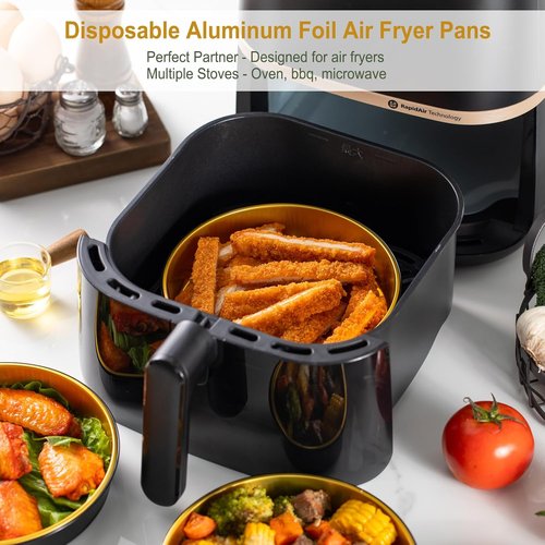 Air Fryer Foil Liners 20 Pack - 7 Inch Round Disposable Aluminum Pans | High-Heat Safe, Food-Grade Black & Gold