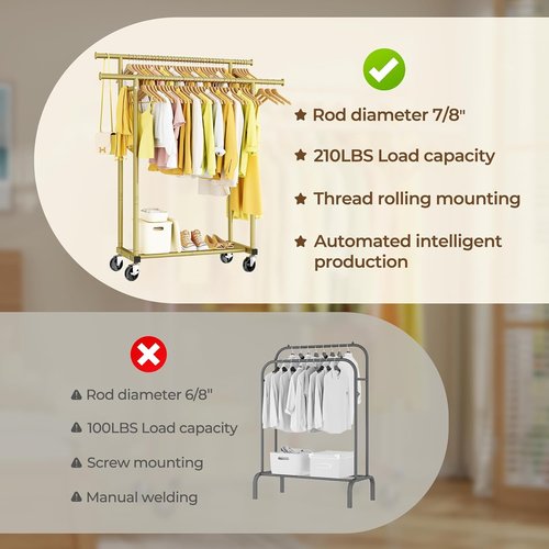 HYSEYY Double Rods Clothes Rack - Sturdy Portable Rolling Garment Rack for Bedroom & Laundry | Gold Finish