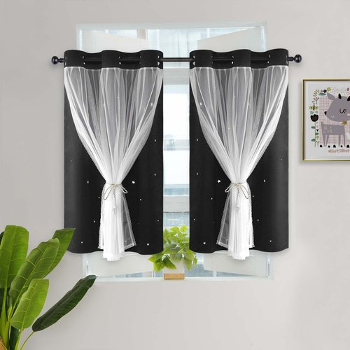 Kinryb Kids Blackout Curtains Short Window Curtains Mix and Match Curtain Decorative Drapes for Nursery Thermal Insulated Drape for Living Room/Kitchen 42" W x 45" L Black Set of 2