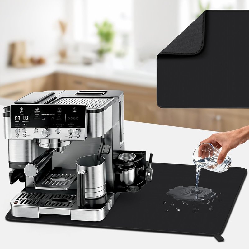 Waterproof Coffee Mat for Ninja ES601 ES701 Breville, 23.6 x 15.7 Inch Espresso Machine Bar Accessories, Hide Stain Rubber Backed, Dish Drying Mat with Easy Clean Surface for Kitchen Counters, Black