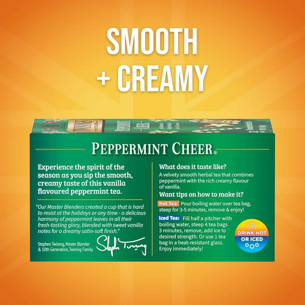 Twinings Peppermint Cheer Herbal Tea - Caffeine-Free, 20 Individually Wrapped Bags (Pack of 6) | Enjoy Hot or Iced