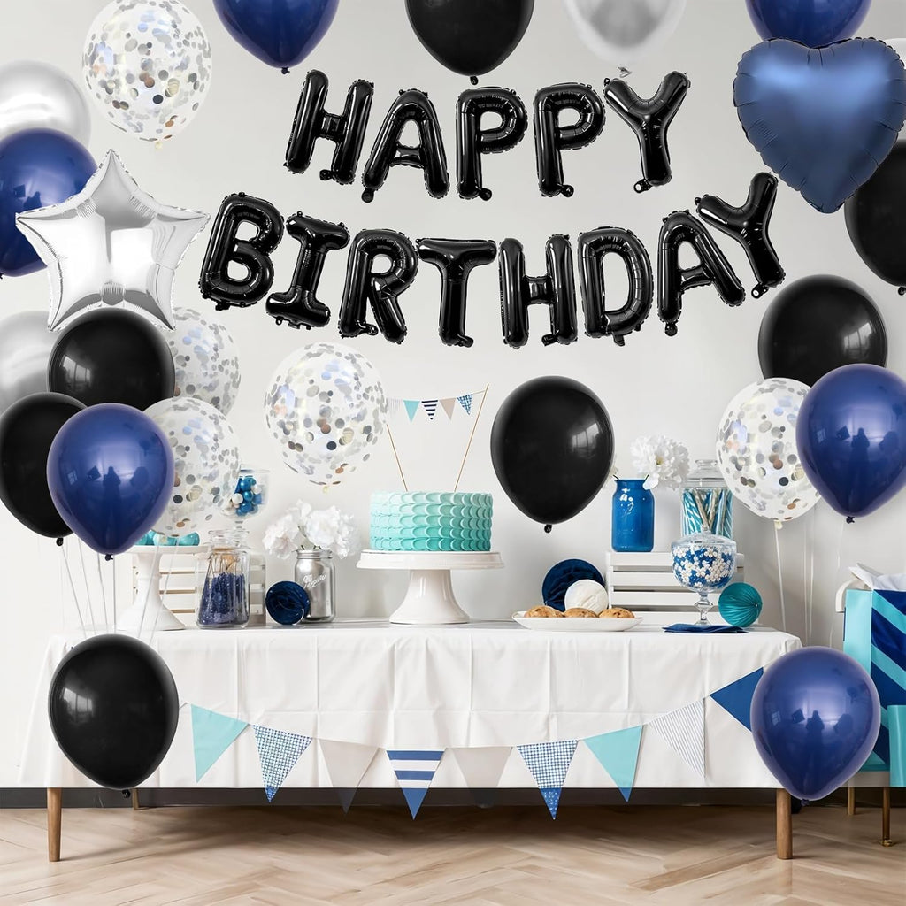 Skiennix Navy Blue & Black Birthday Decorations - Stylish Balloons & Banner Set for Men & Women