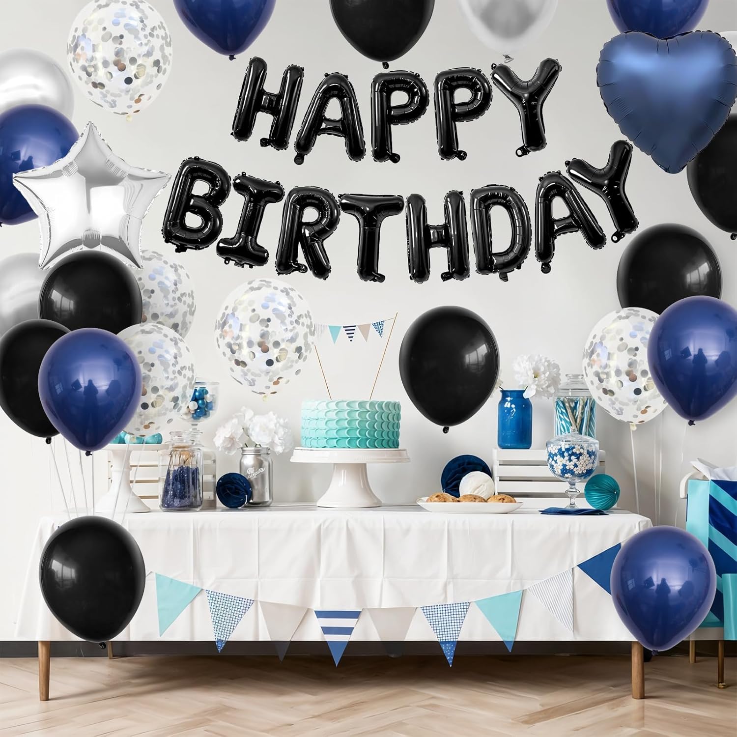Skiennix Navy Blue & Black Birthday Decorations - Stylish Balloons & Banner Set for Men & Women